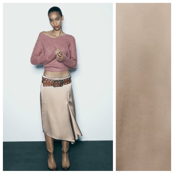 NWT. Zara Beige-Pink Satin A-Line Silhouette High Waist Midi Skirt Size M. - Picture 1 of 12